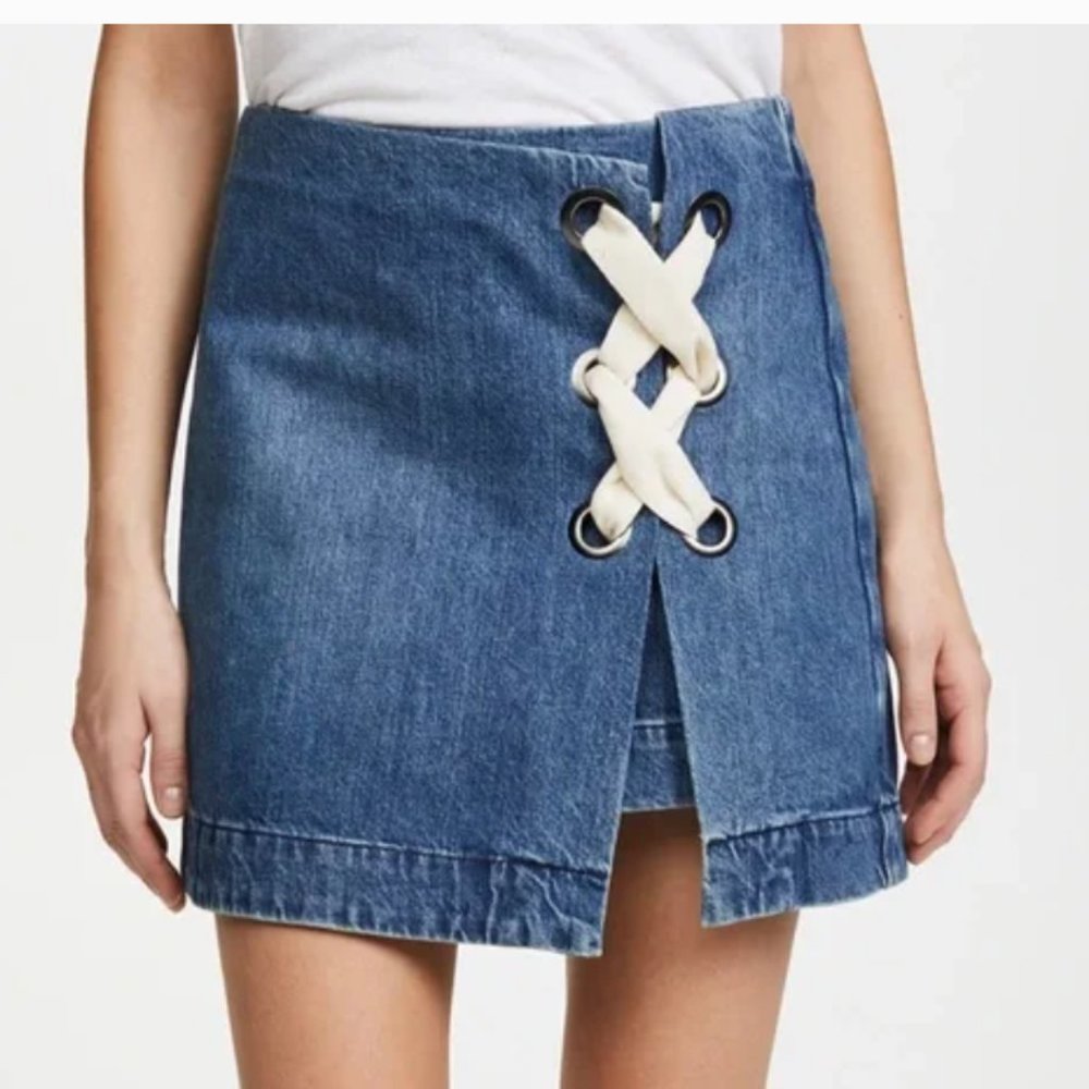 3x1 Hollow Denim Skirt with Lace Side Detailing